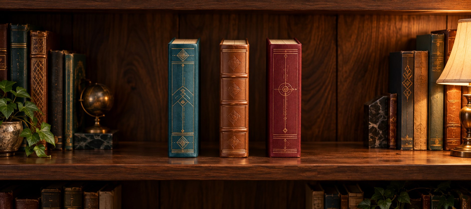 A warm walnut bookshelf with highlighted classic books on the center shelf